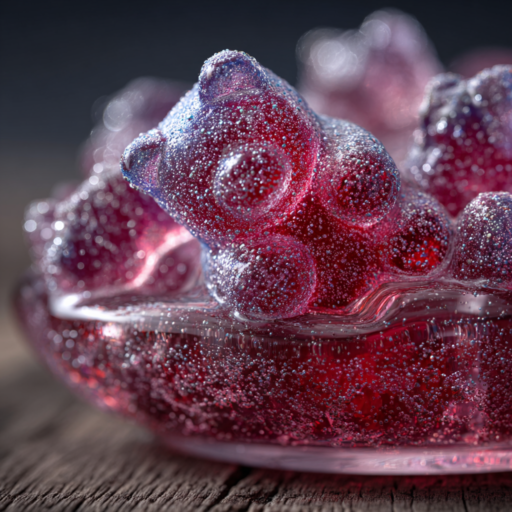 Frozen gummy bears tripled in size with icy coating served in a glass bowl