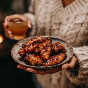 Hands holding hot honey wings with sticky sweet-spicy glaze