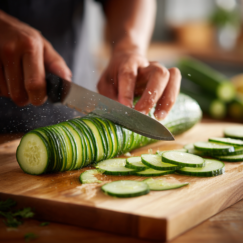 English cucumber being thinly sliced with a mandoline for cucumber salad