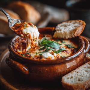 Comforting lasagna soup in a bowl with basil garnish and bread on the side
