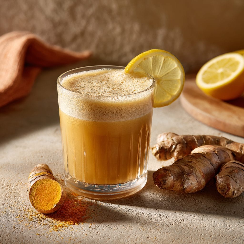 finished citrus glow shot with golden color and lemon garnish