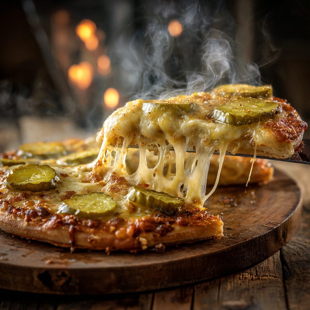 hot slice of pickle pizza with cheese pull and steam