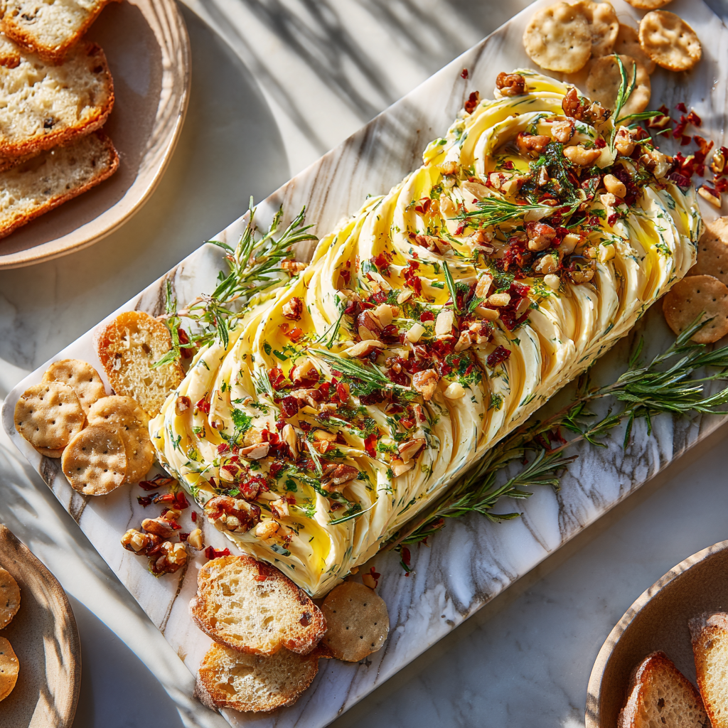 Butter board served with sliced baguette and crackers for spreading at a party