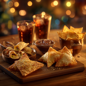 Assorted wonton wrapper snacks served on a wooden board with dips and drinks