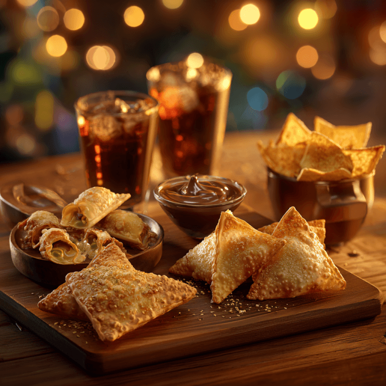 Wonton Wrappers Reinvented: Chips, Tacos, Desserts | Home Cook Legacy Assorted wonton wrapper snacks served on a wooden board with dips and drinks