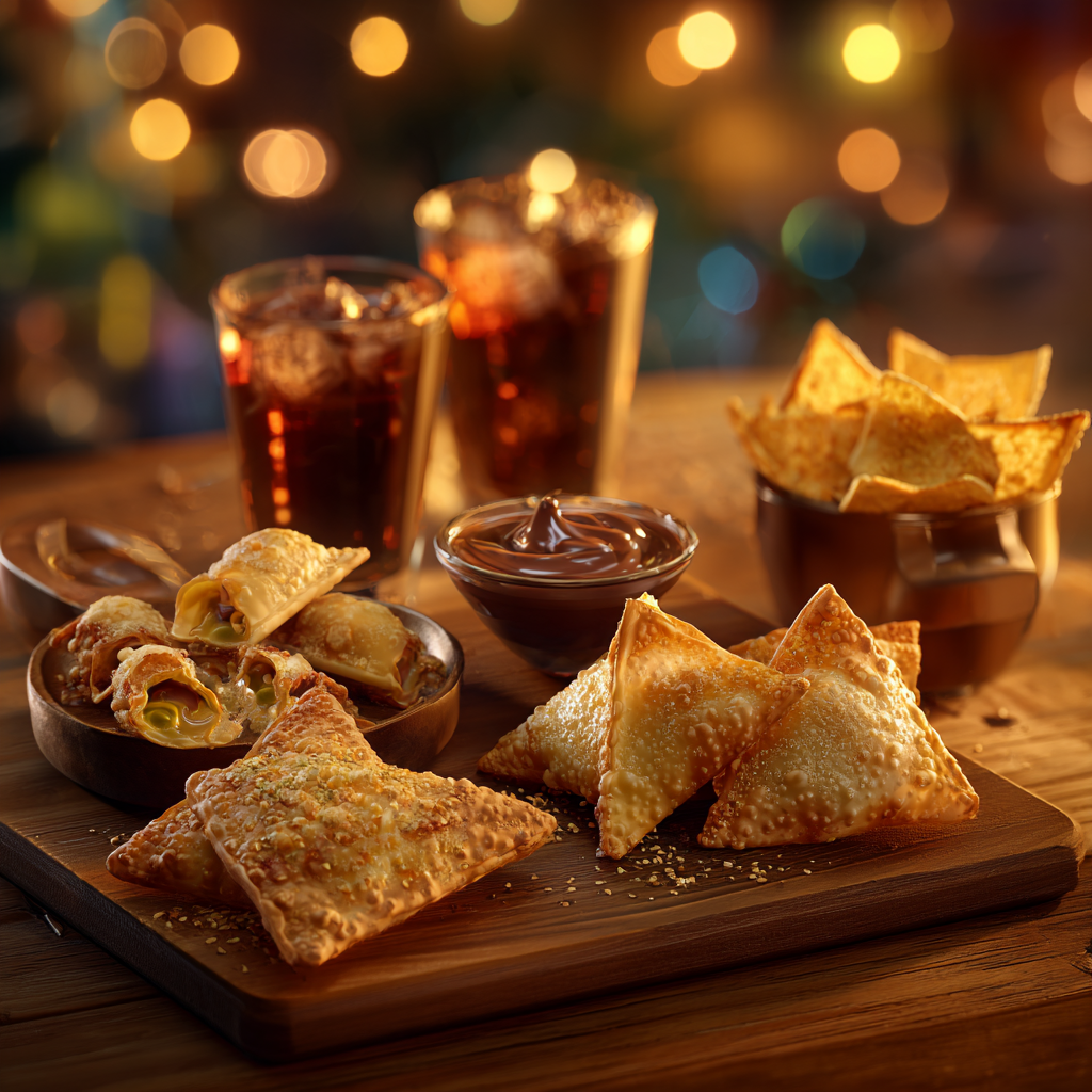 Assorted wonton wrapper snacks served on a wooden board with dips and drinks