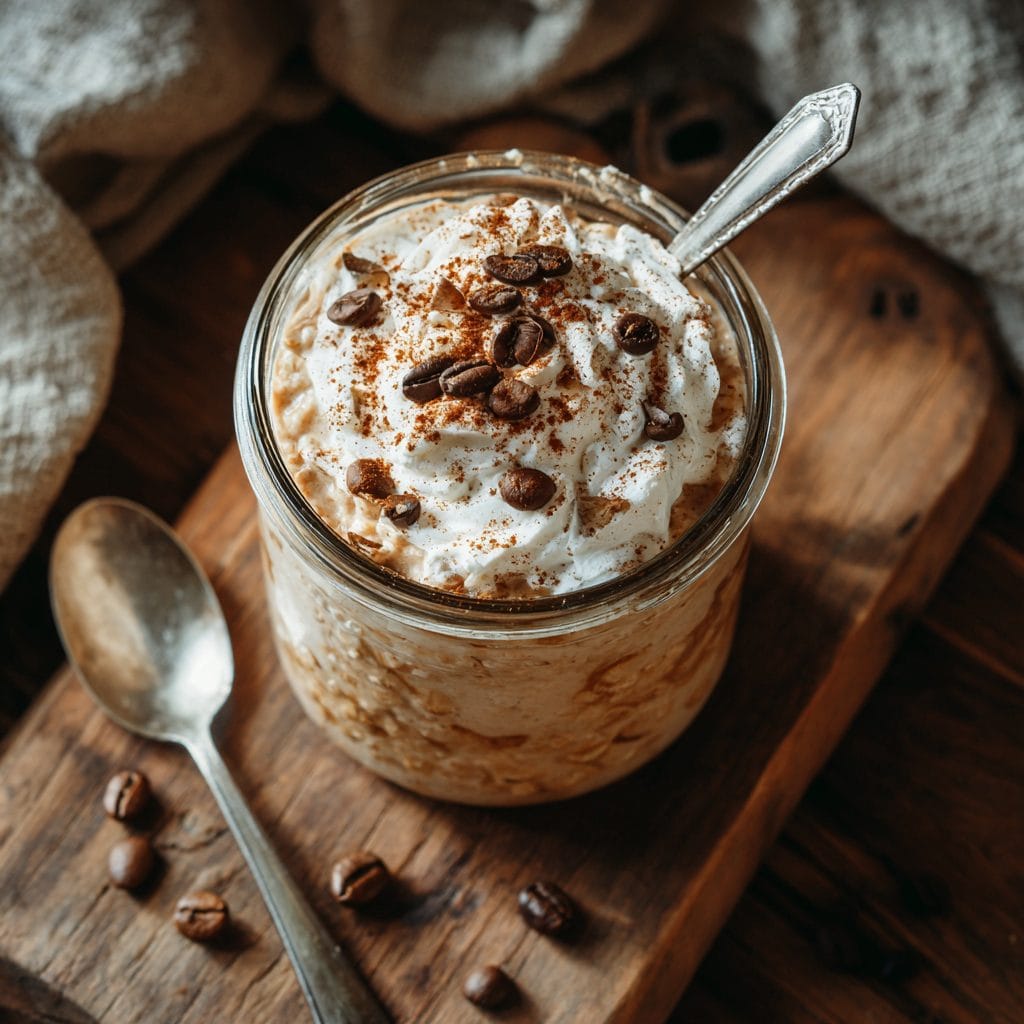 Pumpkin spice latte overnight oats in a jar with whipped cream and cinnamon on top.