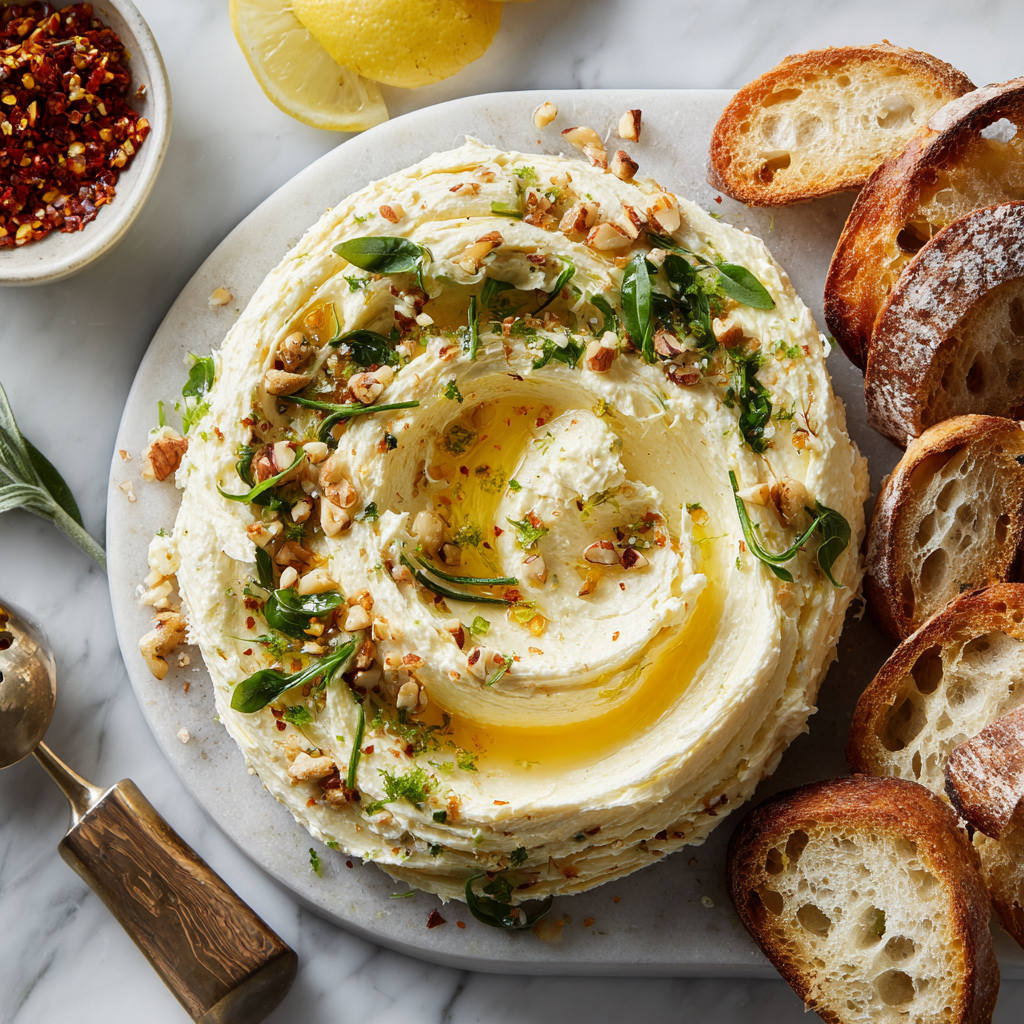 Butter board with swirled butter, sea salt, herbs, nuts, chili flakes, honey, and lemon zest on marble