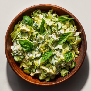 Green goddess salad in a wooden bowl with chopped cabbage, cucumbers, scallions, and creamy green dressing