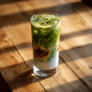 Dirty matcha latte in a tall glass with layered matcha, milk, and espresso swirl