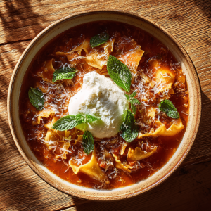 Rustic bowl of lasagna soup with noodles, tomato broth, ricotta, mozzarella, and basil