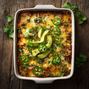 Dump-and-bake taco casserole in a ceramic dish with melted cheese, jalapeños, and avocado