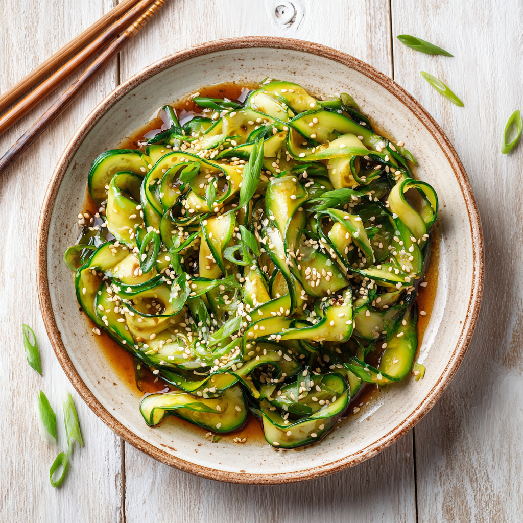 Cucumber salad with sesame soy dressing, sesame seeds, and scallions in a ceramic bowl