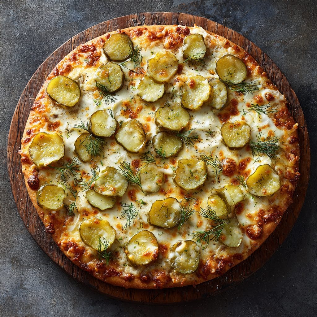 viral pickle pizza topped with melted cheese and dill pickles