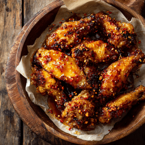 Crispy air fryer wings coated in hot honey glaze on a wooden board