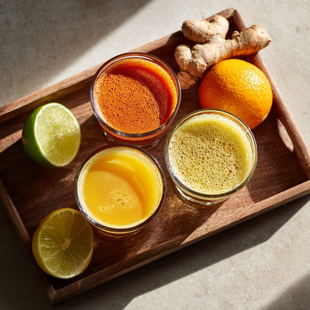 citrus glow shots arranged on a wooden tray with bright colors
