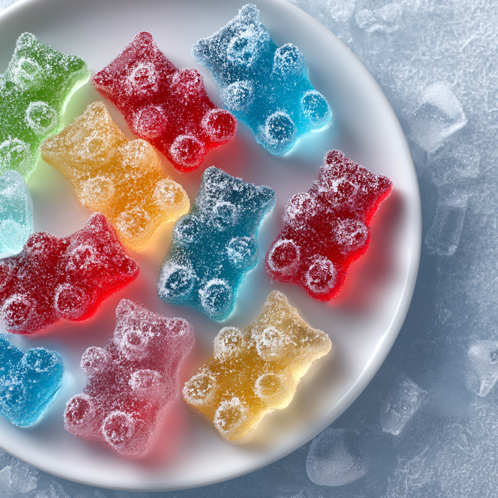 Frozen gummy bears with frosty texture on a white plate, colorful and glossy