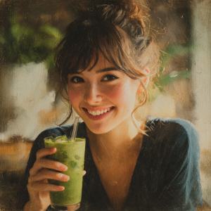 Smiling woman holding a tall glass of dirty matcha latte in a café setting