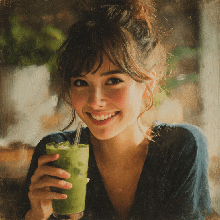 Dirty Matcha Latte Magic: 5-Min Energizing Coffee-Tea Fusion | Home Cook Legacy Smiling woman holding a tall glass of dirty matcha latte in a café setting