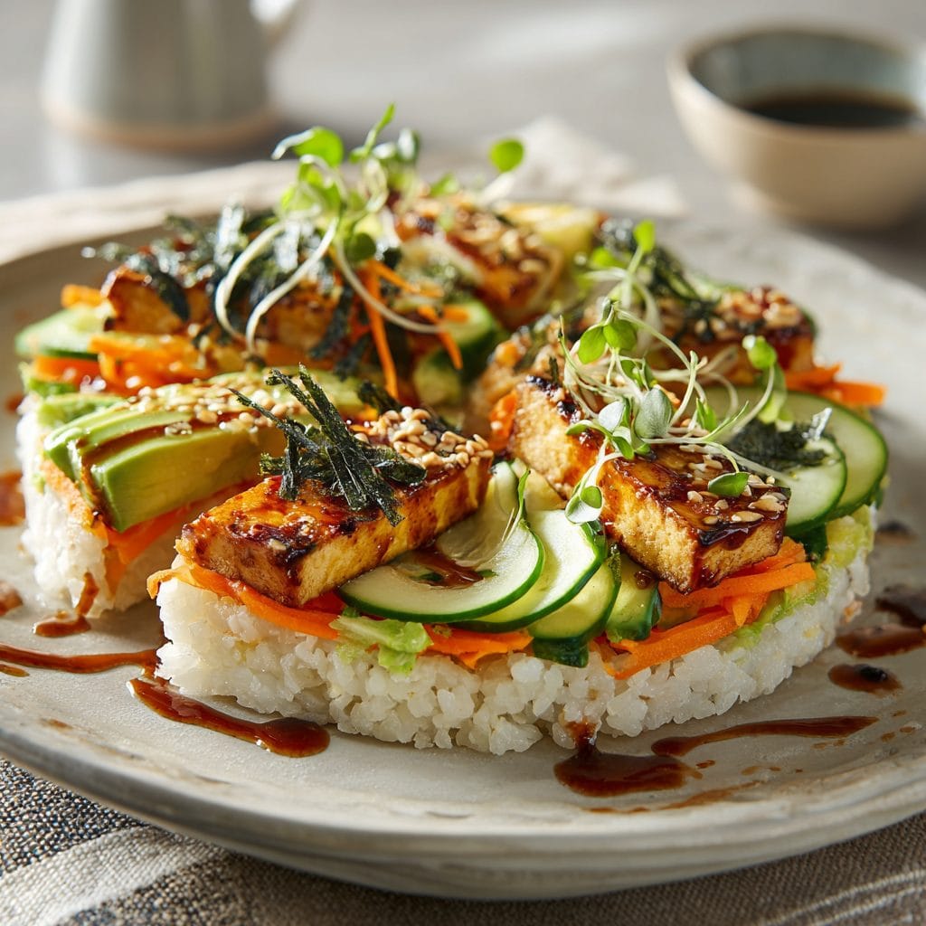 Vegan sushi pizza with grilled tofu, avocado, cucumber, and carrot ribbons on crispy sushi rice.