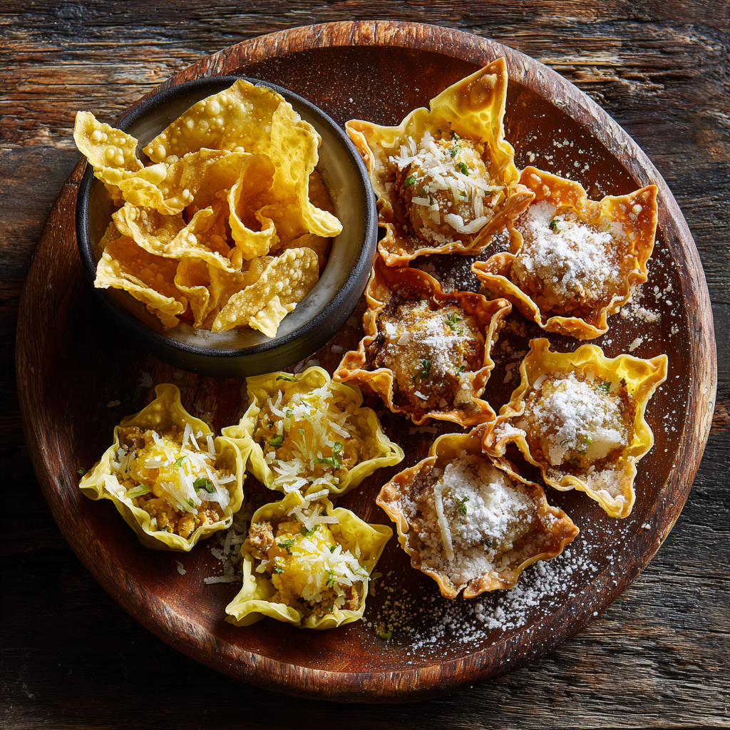 Platter with crispy wonton wrappers used as chips, taco cups, and sweet dessert bites