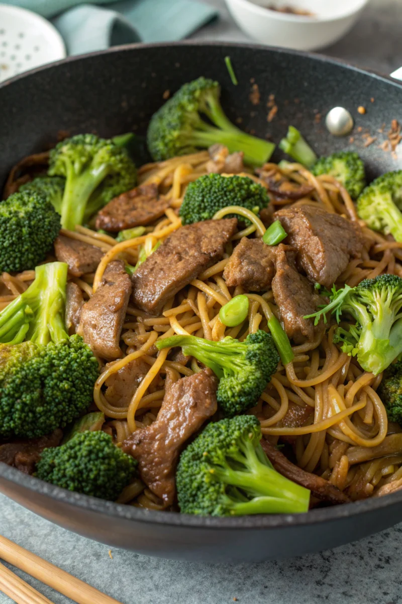 Ingredients for chinese beef and broccoli laid out on a wooden counter