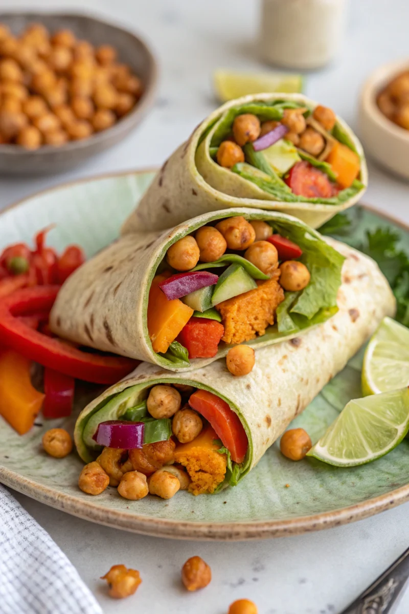 buffalo chickpea wrap, spicy vegan wrap, high protein lunch