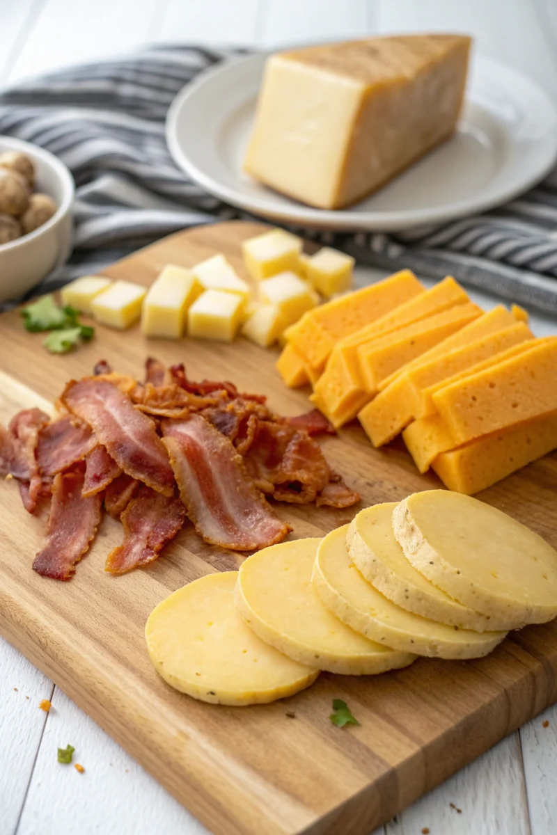 Cheddar Bacon Potato Soup ingredients: russet potatoes, sharp cheddar, crispy bacon, onion, broth