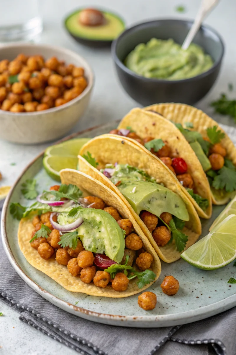 Crispy chickpea tacos with lime avocado cream—ingredients laid out on a board