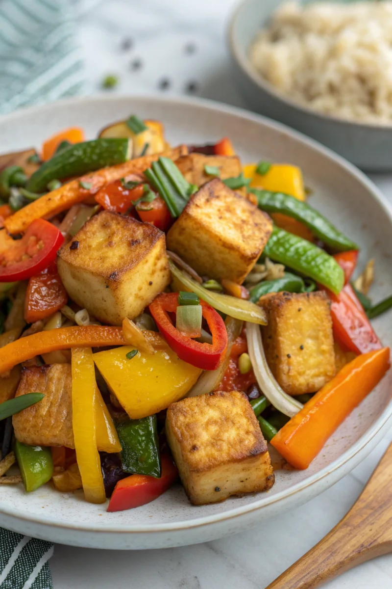 Quick Meals for Busy Days crispy tofu stir fry with autumnal vegetables