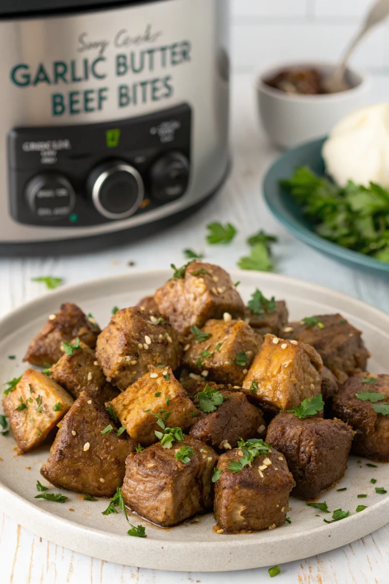 Easy slow cooker garlic butter beef bites packed with protein simple dinner idea recipe