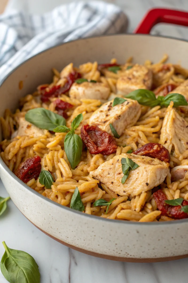 Ingredients for creamy sun-dried tomato chicken orzo