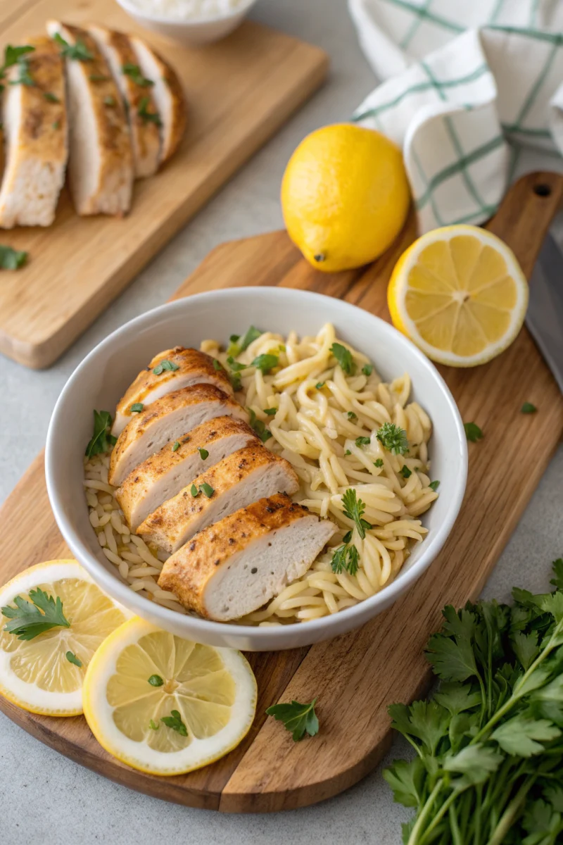 lemon chicken orzo, one-pan dinner, high protein creative brunch-style