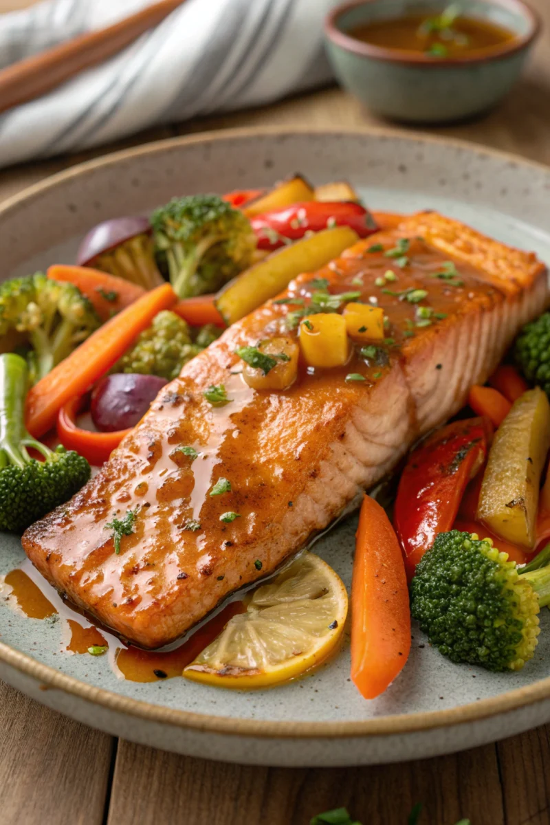 Dinner Ideas featuring honey garlic salmon and colorful roasted vegetables on a sheet pan