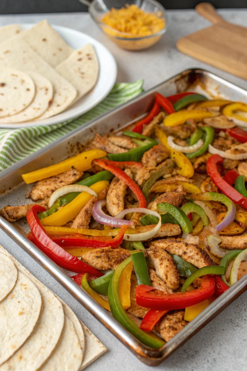 Vibrant raw ingredients for Irresistible 30 Minute Sheet Pan Chicken Fajitas recipe, including sliced chicken, bell peppers, and onions, on a wooden board.
