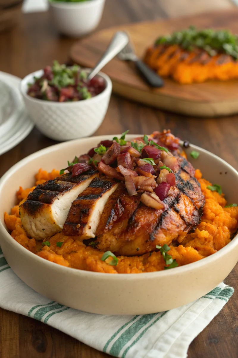 Irresistible grilled bbq chicken served over a hearty sweet potato bowl recipe