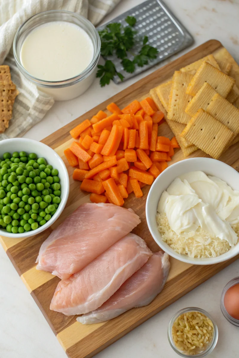 Chicken casserole ingredients flat lay: chicken, mushrooms, onion, herbs, cream