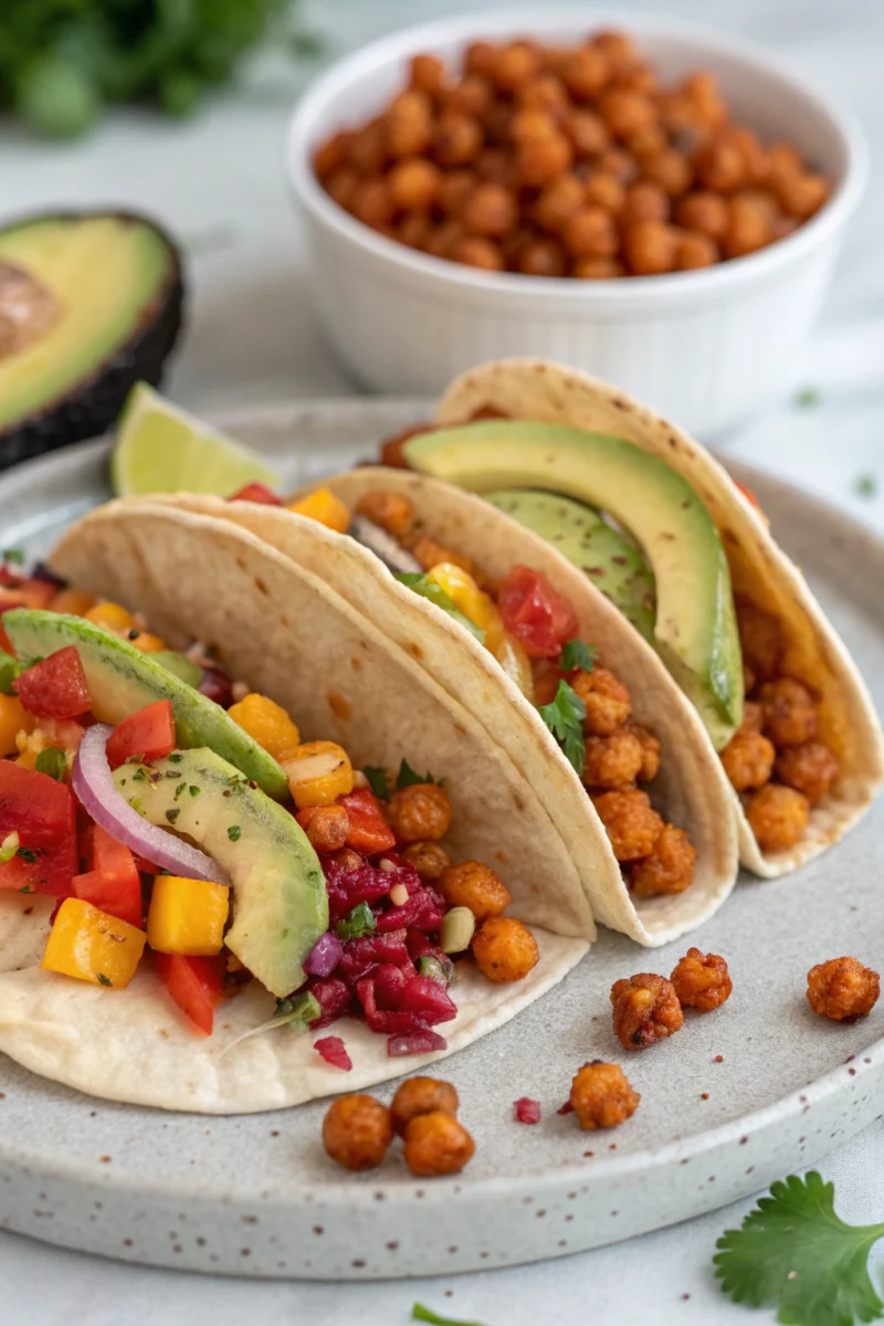 rainbow tacos, colorful vegan tacos, chickpea crunch