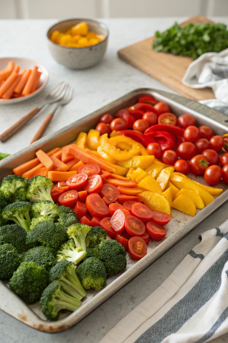 Vibrant vegetables and protein arranged on a sheet pan, ready for a healthy, quick dinner