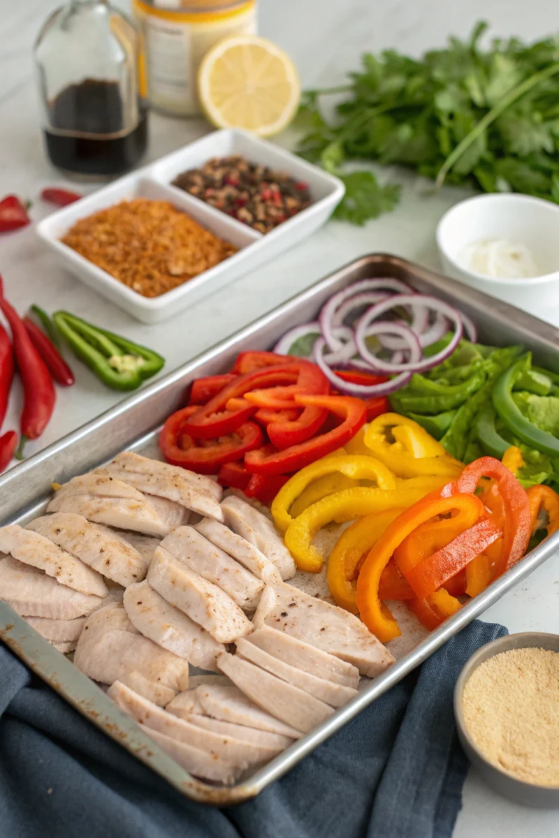 Dinner Ideas for easy weeknight meals: vibrant sheet pan chicken fajitas with colorful peppers and onions