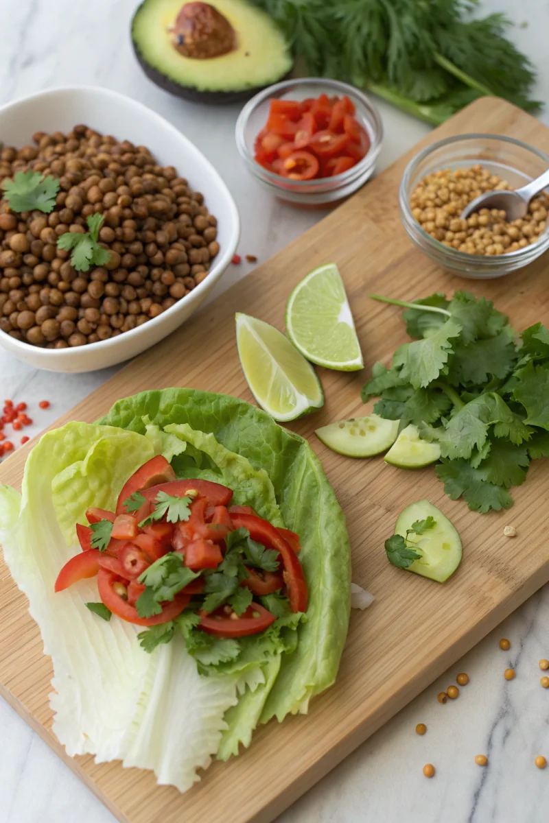 lentil tacos, spicy vegan tacos, lettuce wraps creative brunch-style