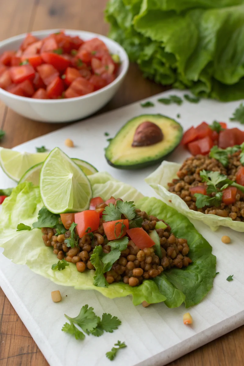lentil tacos, spicy vegan tacos, lettuce wraps