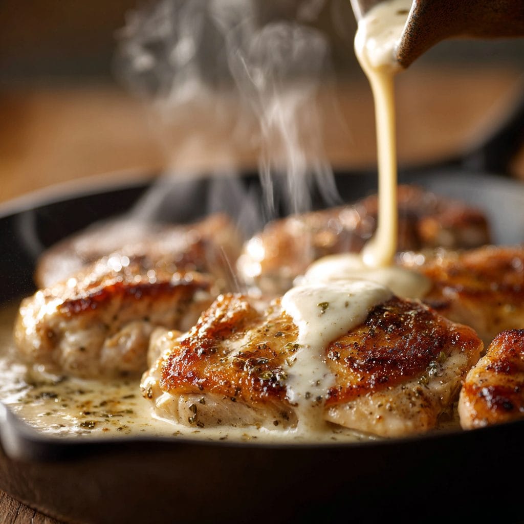 Pouring velvety cream sauce over browned chicken in a hot skillet