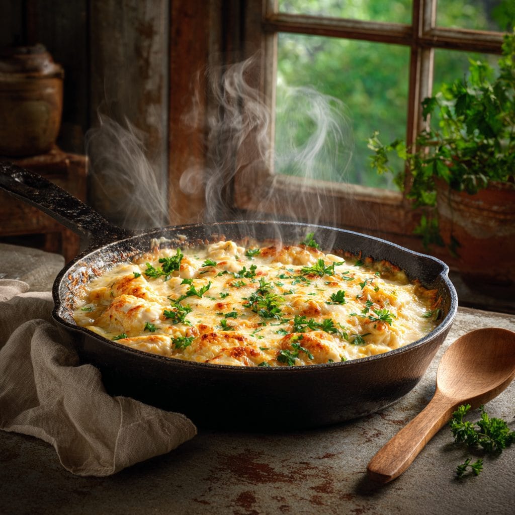 Prepped ingredients for creamy chicken casserole on cutting board and bowls