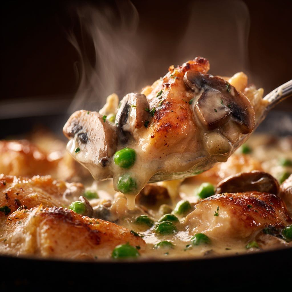 Sautéing chicken and aromatics for creamy chicken casserole