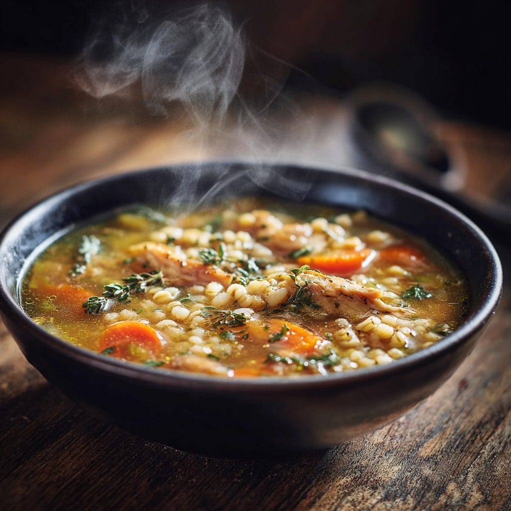 Hearty chicken barley soup in bowl, cozy winter comfort food, steam rising