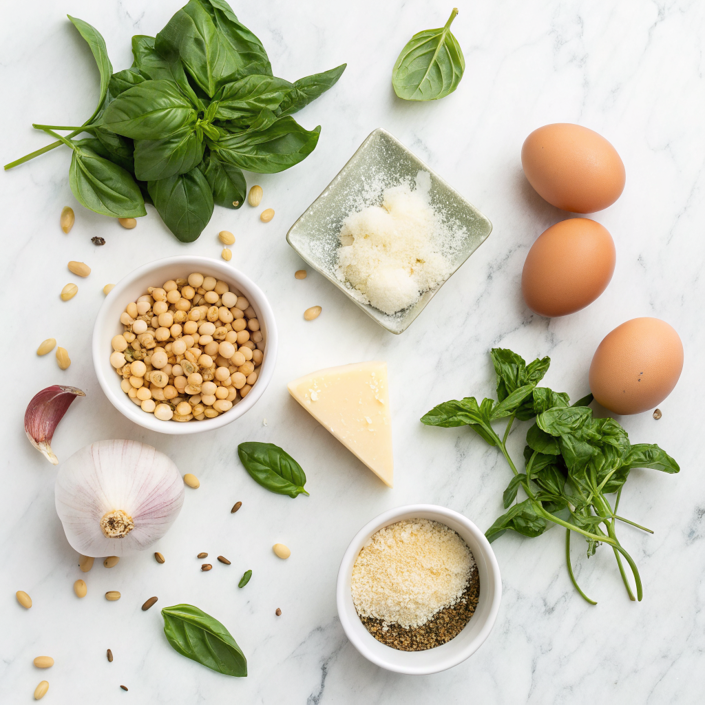 Pesto Eggs Recipe: 5 Easy Tips For The Best Results | Home Cook Legacy Pesto eggs ingredients laid out on marble surface
