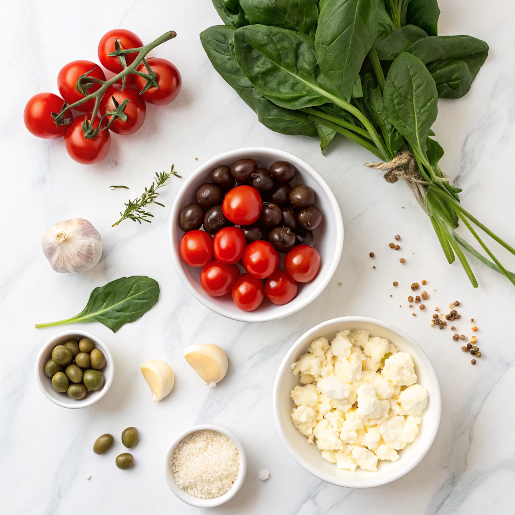 Baked Feta Pasta Recipe: 5 Easy Tips For The Best Results | Home Cook Legacy Baked feta pasta ingredients laid out on marble surface