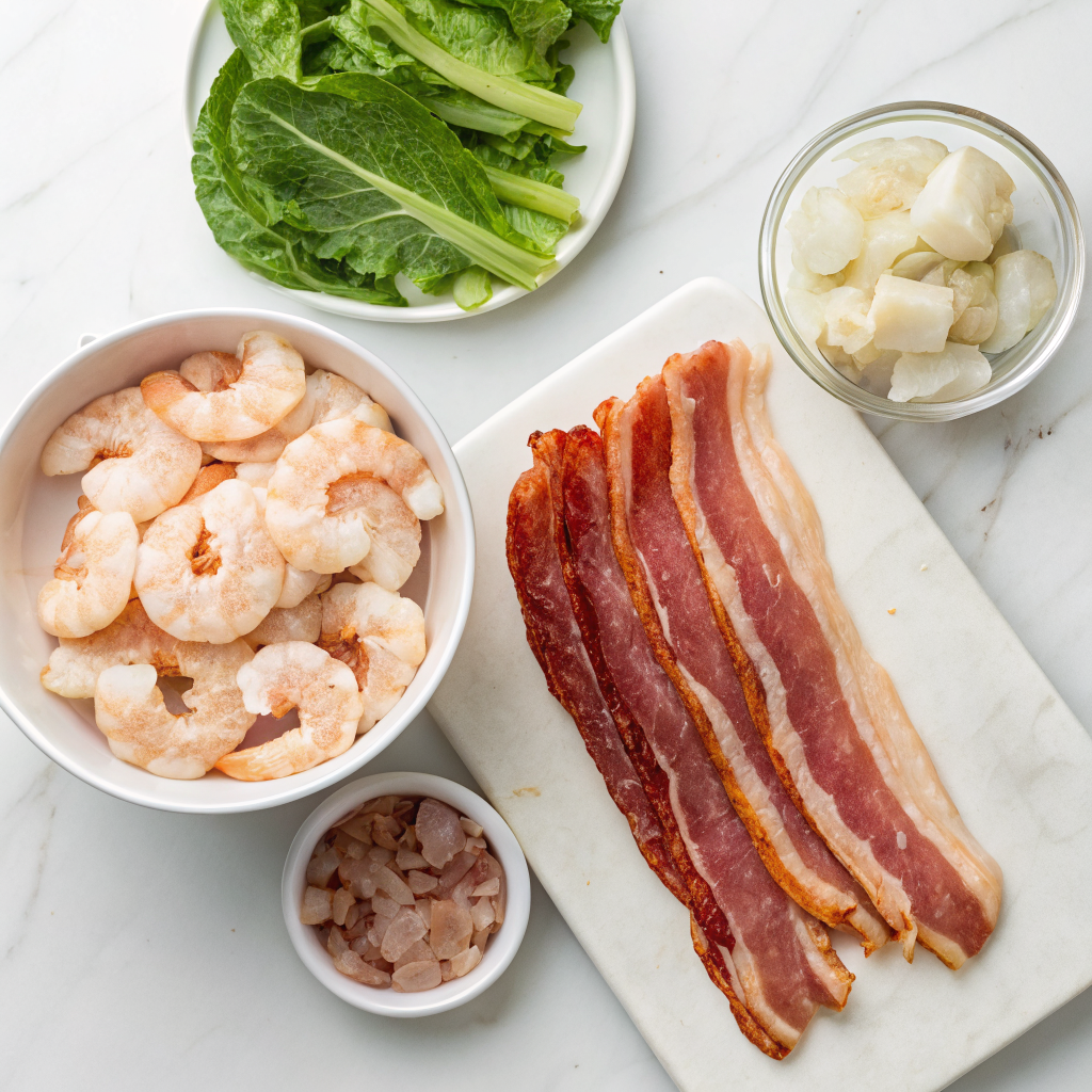 Carnivore diet meal shrimp and bacon ingredients