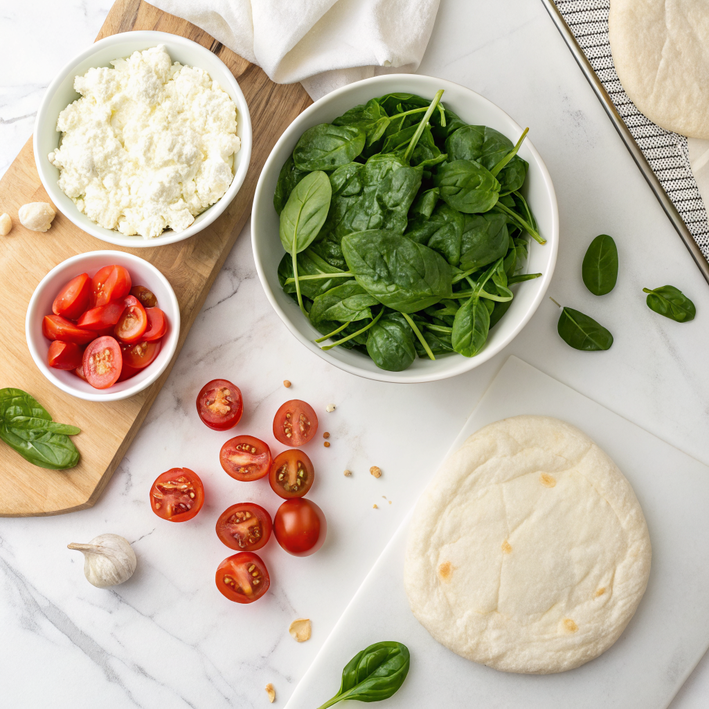 Cottage cheese pizza with spinach and tomatoes ingredients